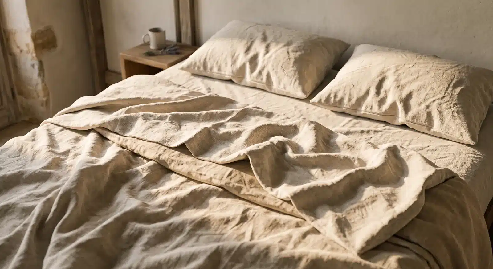 Lit aux draps de lin froissés dans la lumière douce d'un début d'après-midi