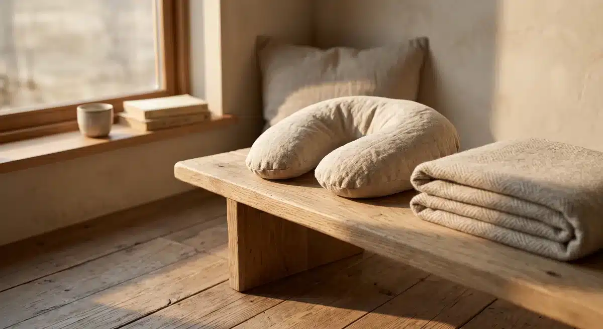 Coussin cervical en lin posé sur un banc en bois près d'une fenêtre
