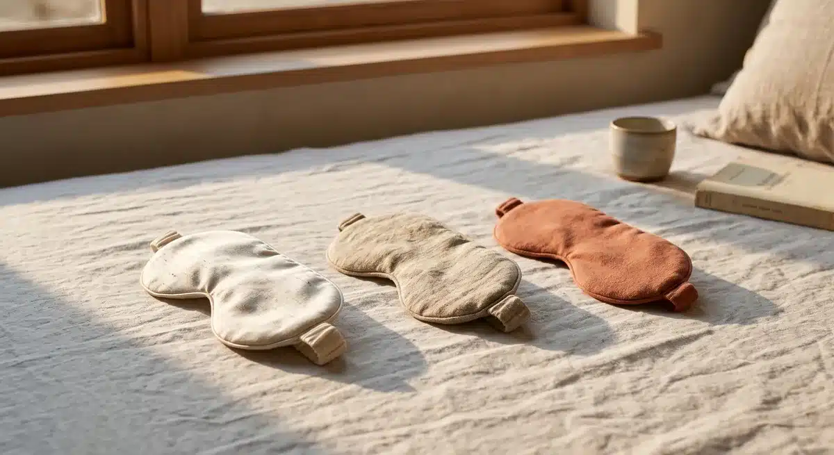 Trois masques de sommeil en soie, lin et coton posés sur un drap