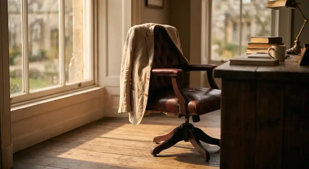 Chaise de bureau tournée vers la fenêtre, une veste posée sur le dossier