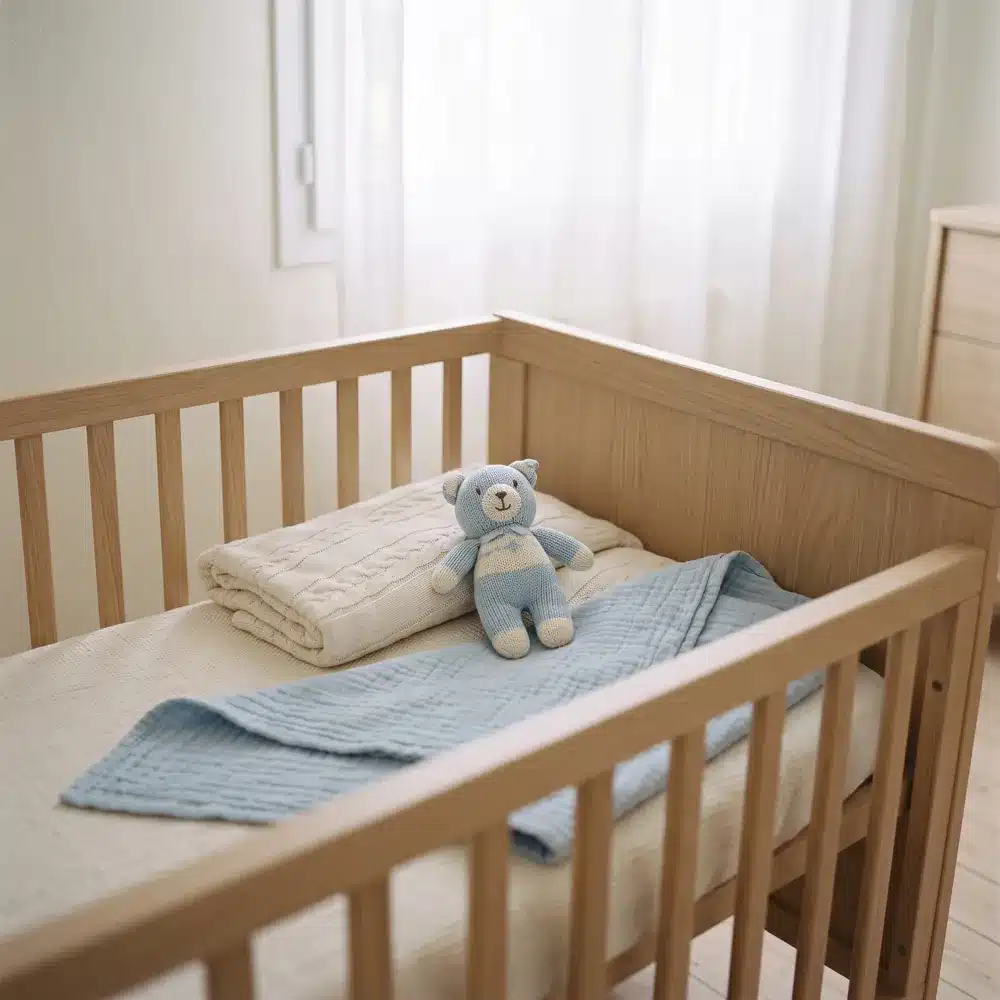 Lit à barreaux en bois clair avec plaid et doudou