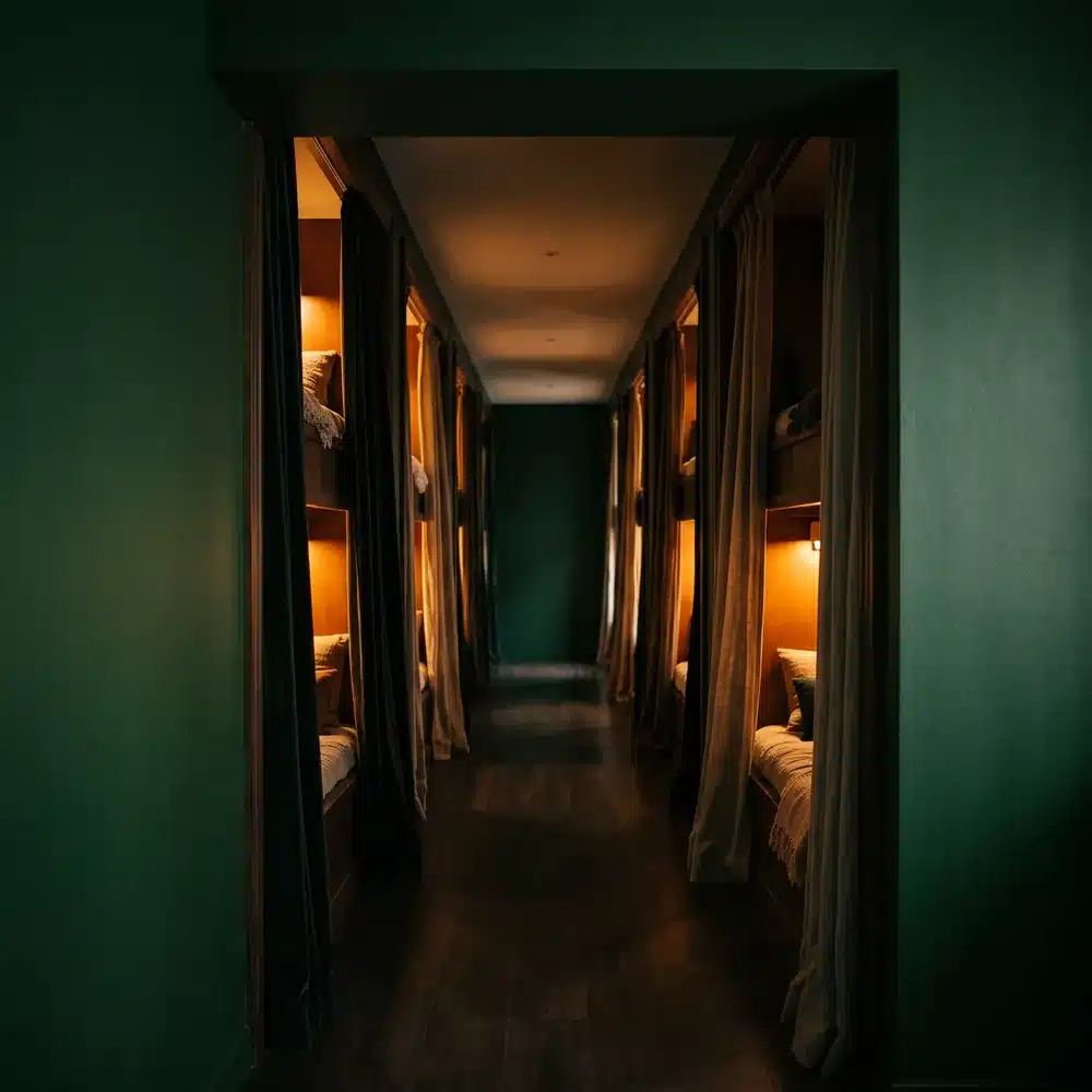 Couloir vert sombre bordé d'alcôves de repos éclairées