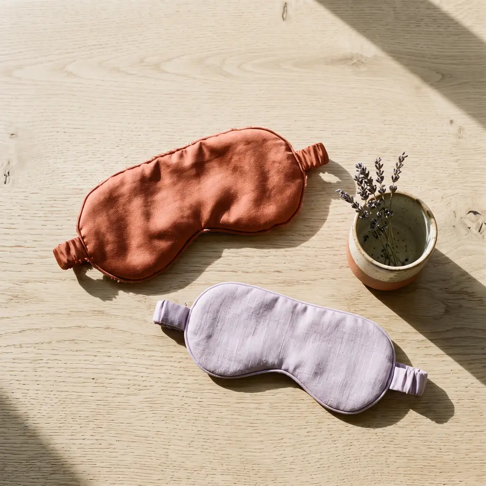 Deux masques de sommeil et une tasse en céramique sur du chêne