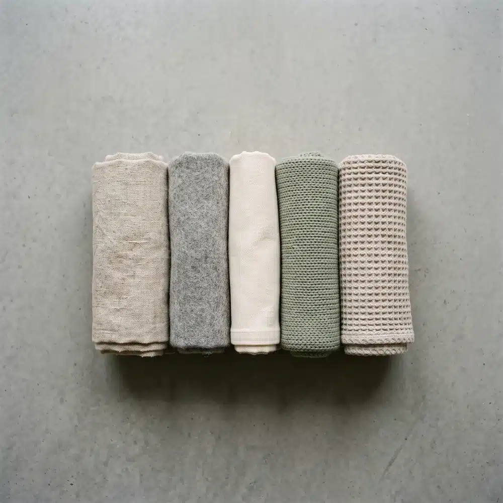 Cinq textiles roulés côte à côte sur du béton clair