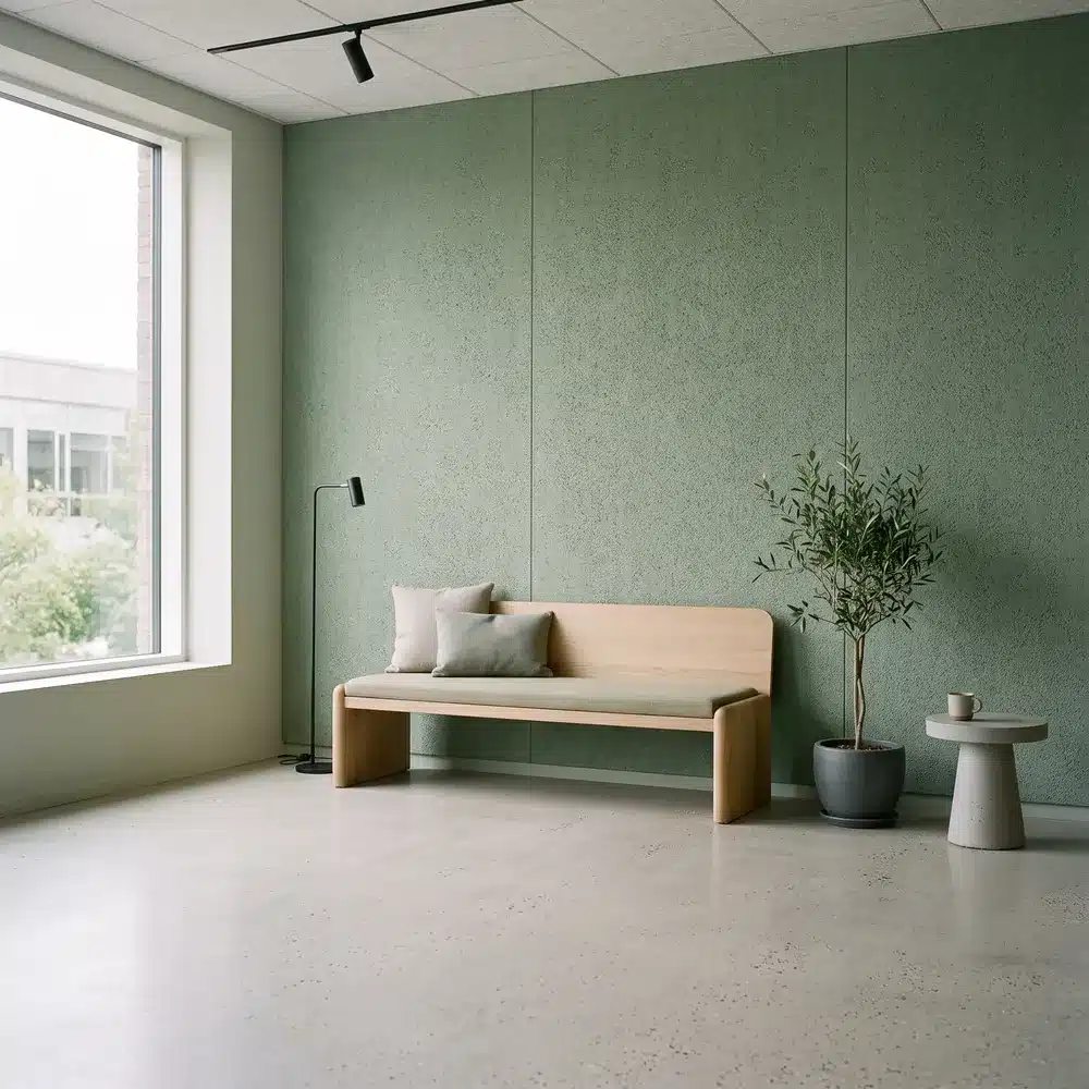 Banquette de repos devant un mur acoustique vert sauge