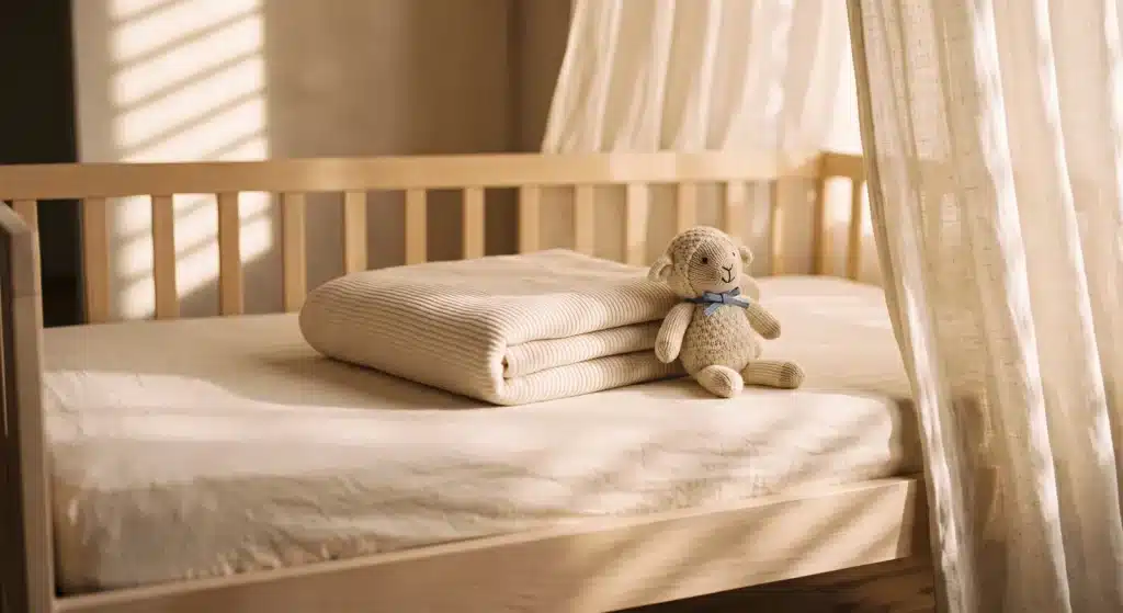 Lit de bébé en bois clair avec une couverture pliée et un doudou, voilage tamisant la lumière