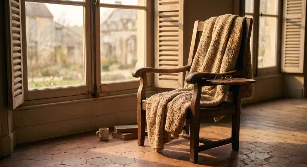 Fauteuil en bois et plaid en laine devant une fenêtre aux volets ouverts, dans la lumière de l'après-midi