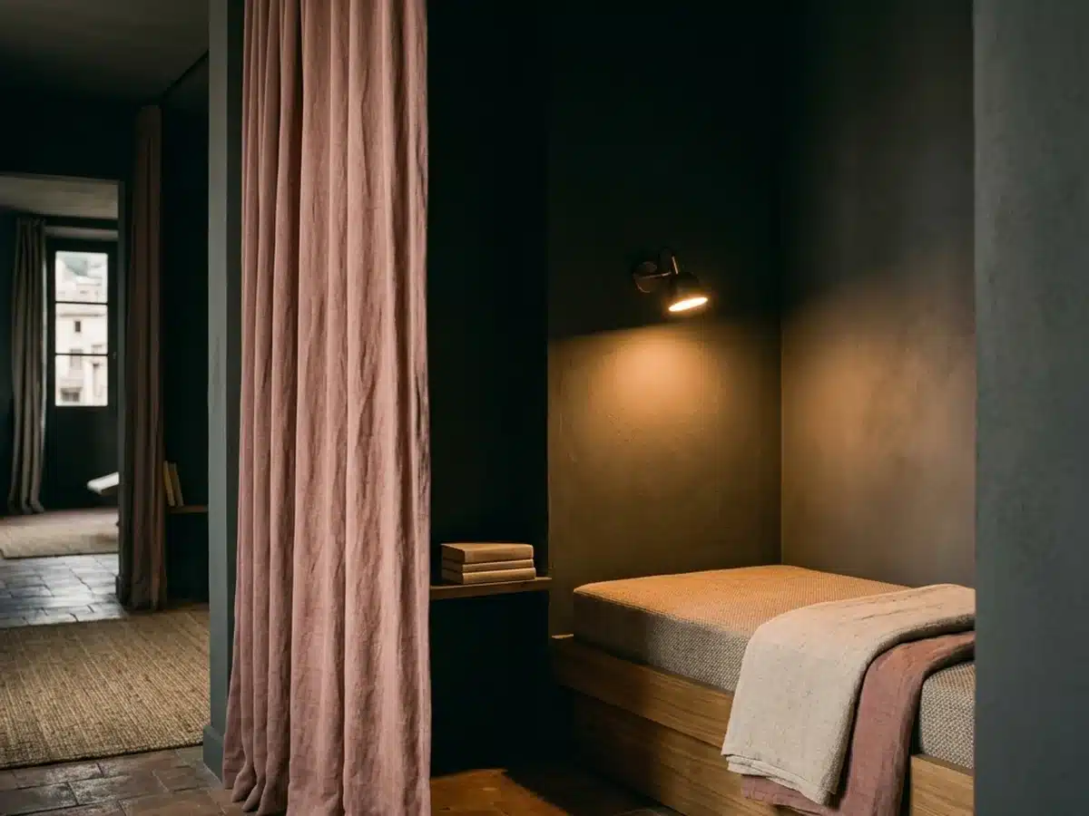 Une cabine de bar à sieste : rideau de lin, plaid, lumière tamisée