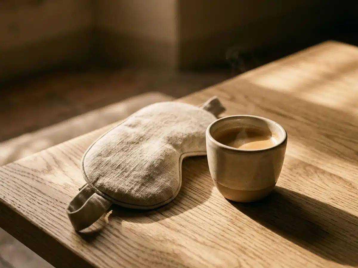 Le café avant la sieste : une tasse posée à côté d'un masque