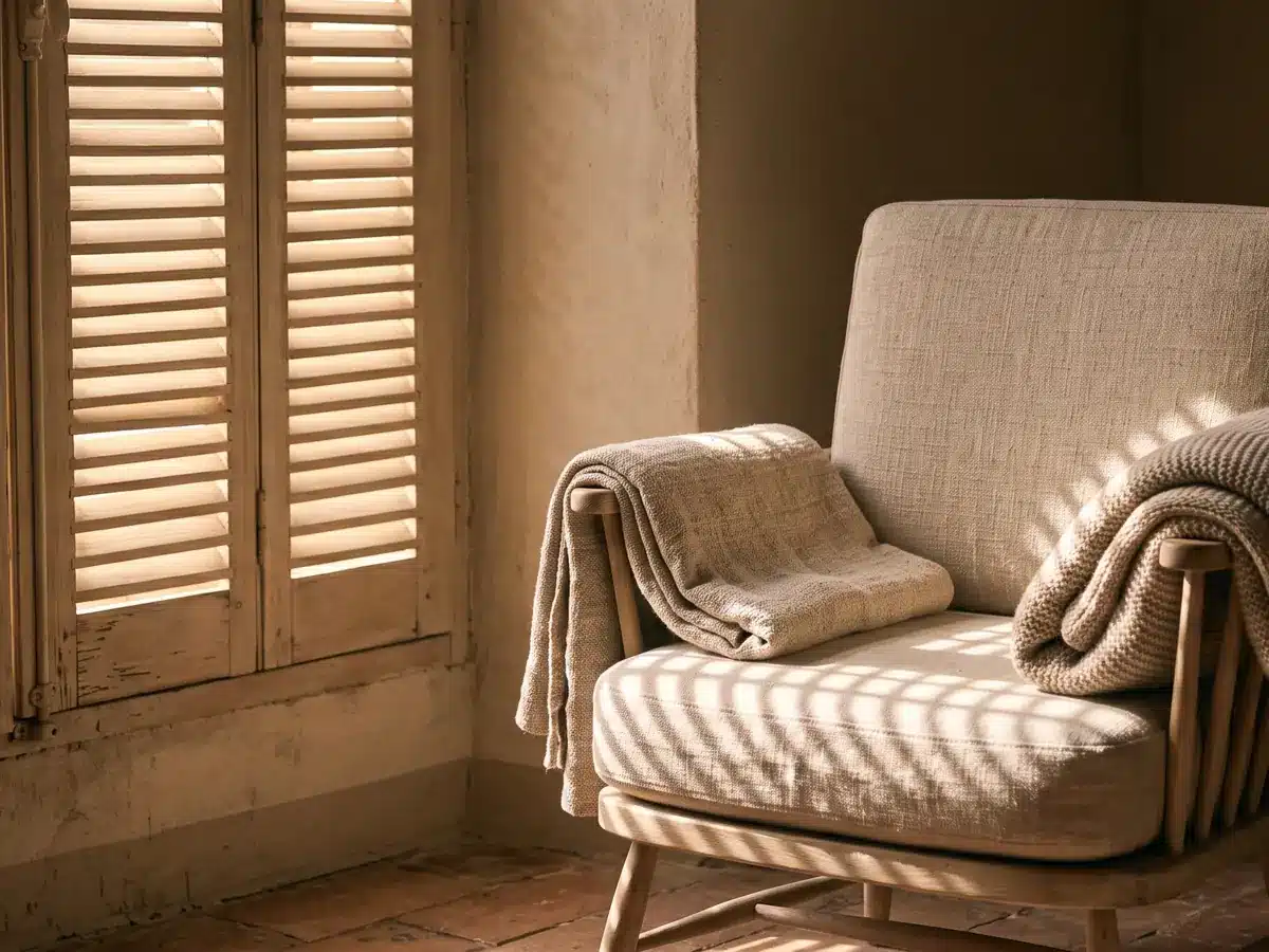 La pièce idéale : volets mi-clos, fauteuil et plaid