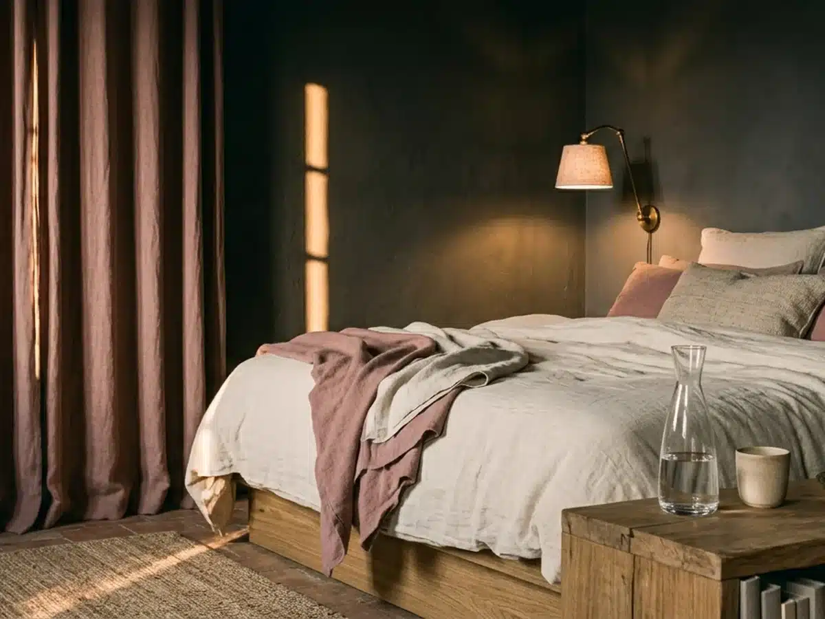 Chambre d'hôtel en journée, rideaux presque fermés, lumière d'après-midi