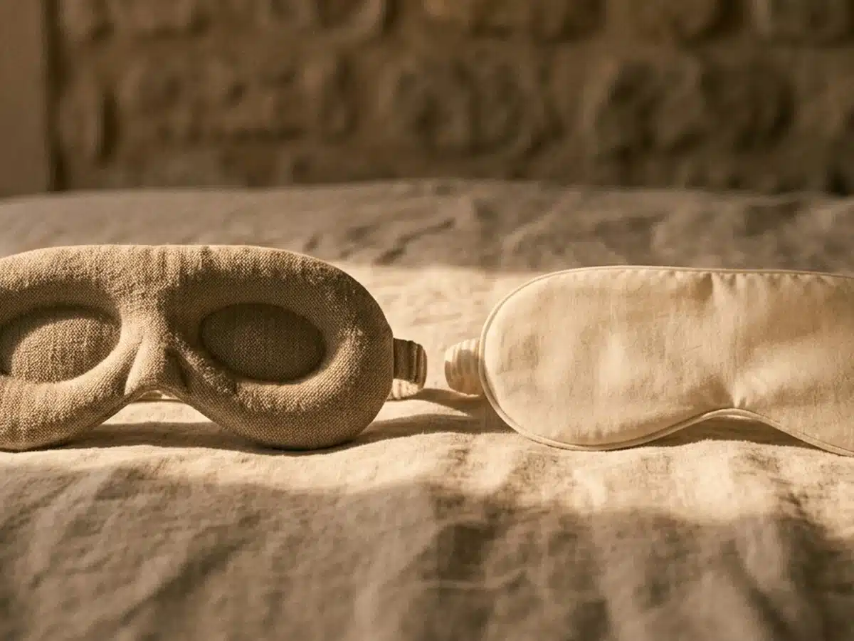 Masque profilé et masque plat côte à côte sur du lin