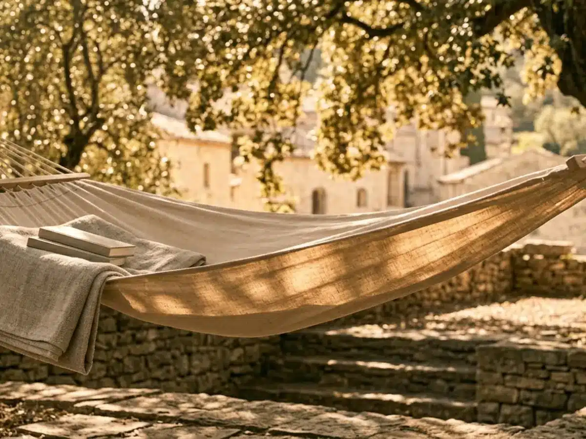 Le hamac : toile tendue en diagonale entre deux arbres, contre-jour doré