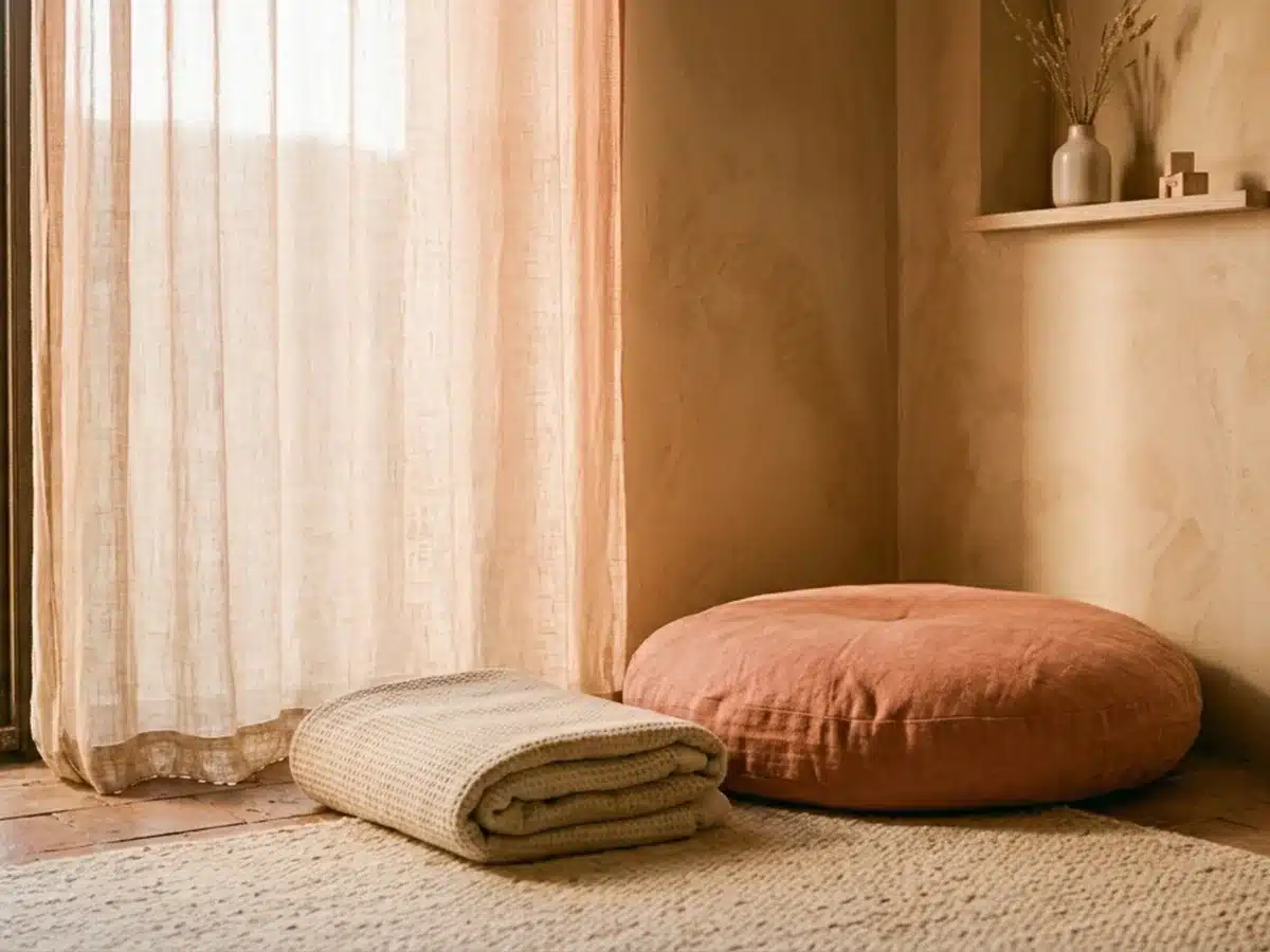 Le temps calme : un livre et un coussin au sol dans un coin de chambre