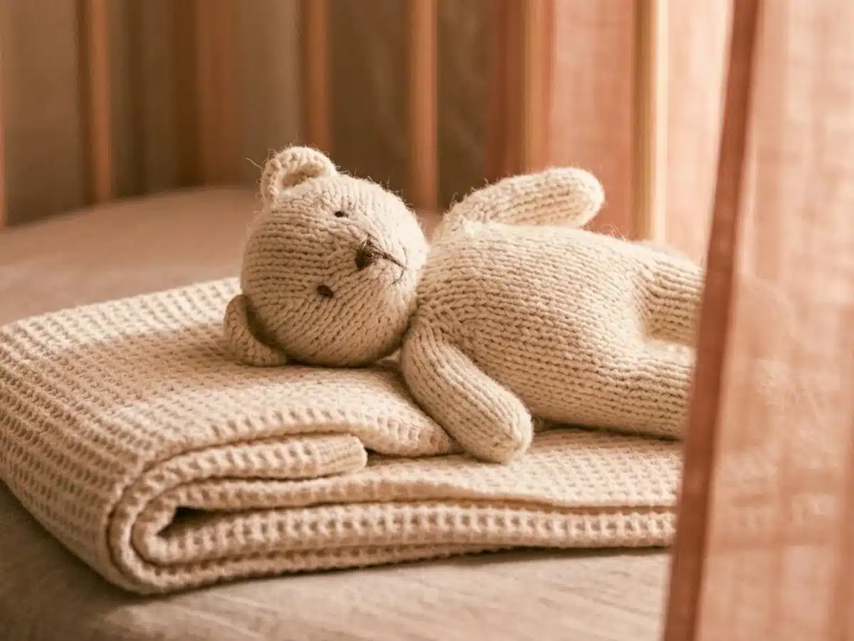 Le premier signe de fatigue : un doudou posé sur une couverture de coton