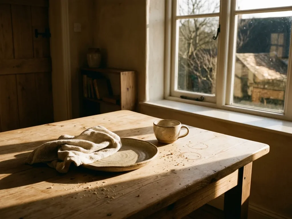 Une assiette terminée et une tasse de café sur une table de bois, lumière de début d'après-midi