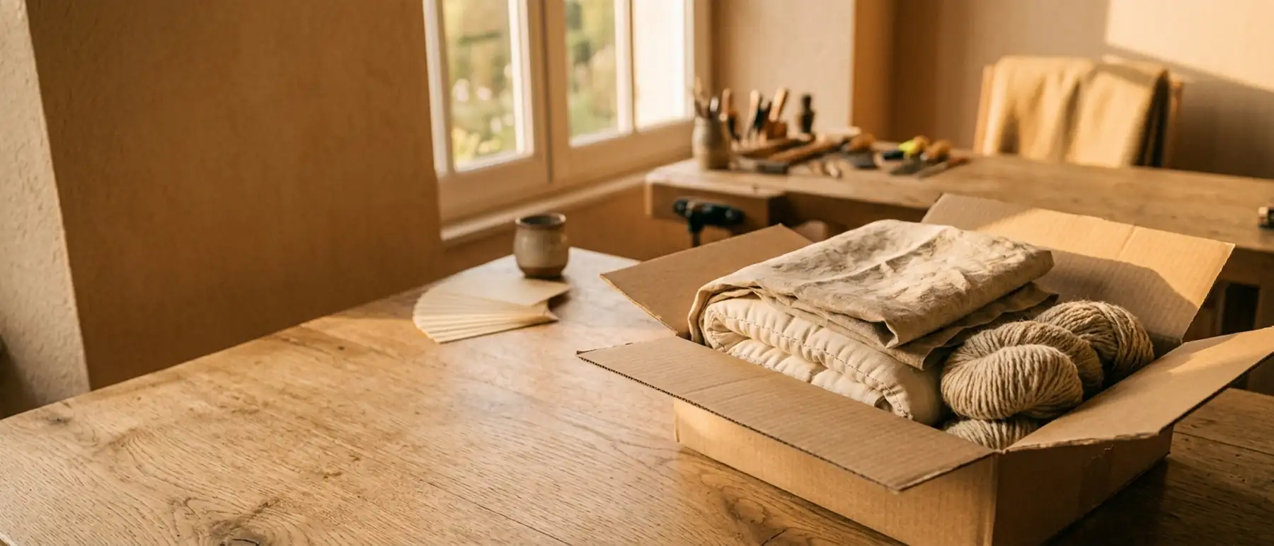 Un colis ouvert sur une table d'atelier, un échantillon de futon et des écheveaux de laine, lumière de fin d'après-midi