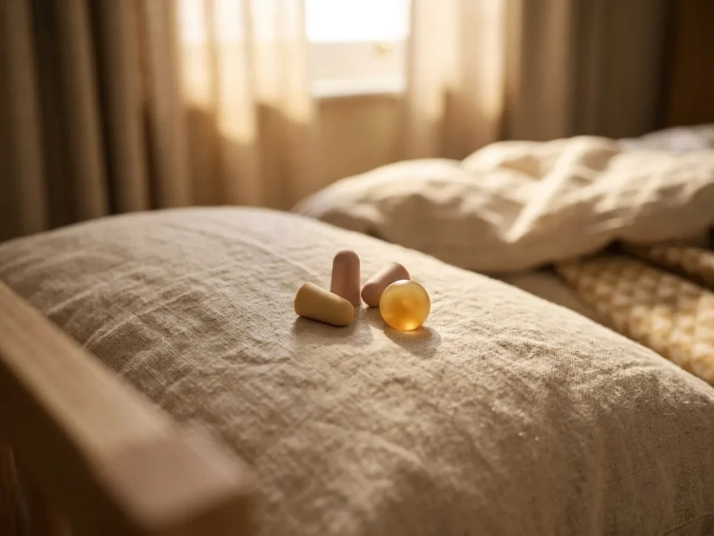 Des bouchons d'oreilles en mousse et en cire posés sur une taie d'oreiller en lin