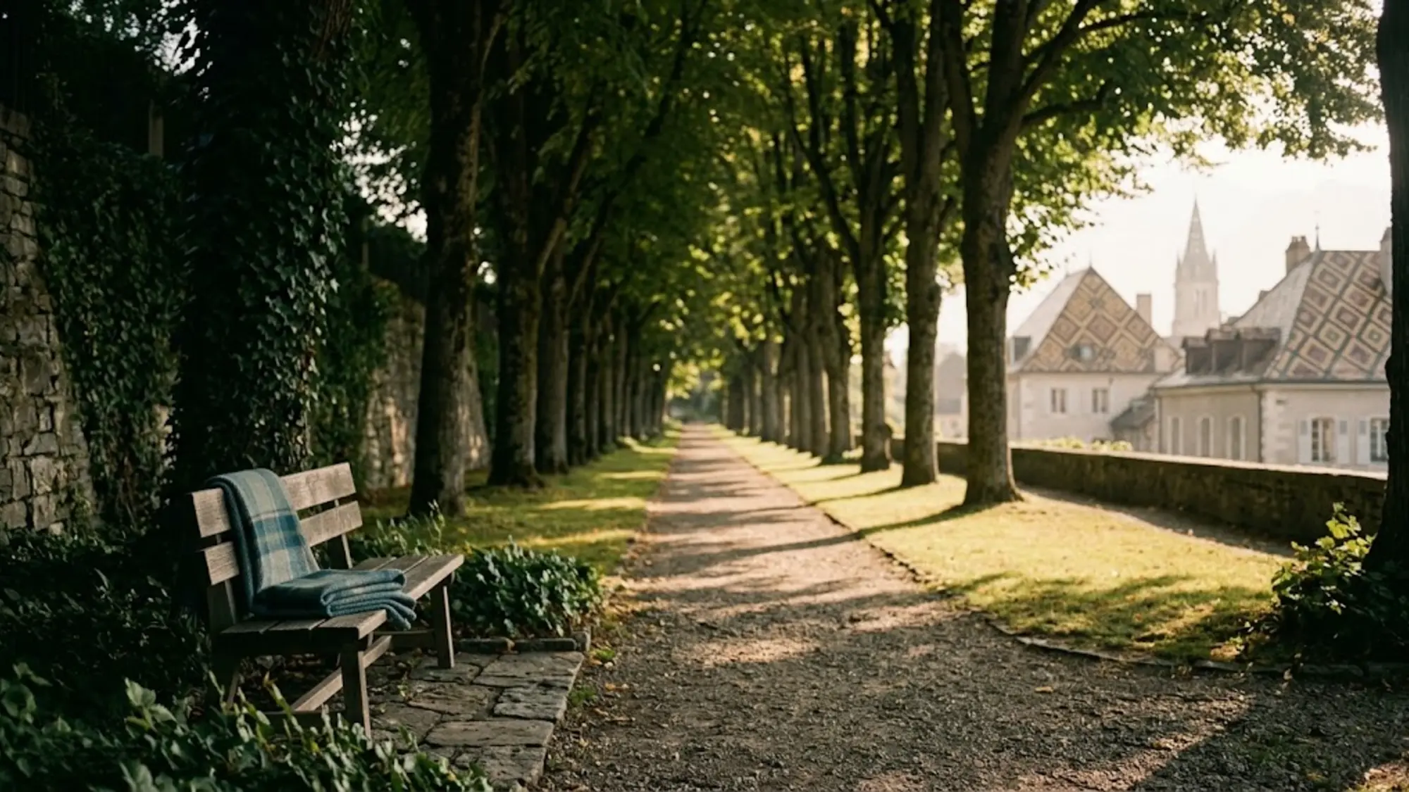 Allée de grands tilleuls et banc à l'ombre, toits vernissés et clocher au loin
