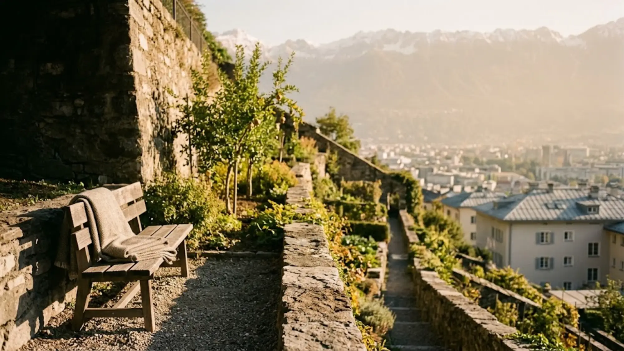 Banc au soleil sur une terrasse de jardin, toits de la ville et montagnes enneigées au loin