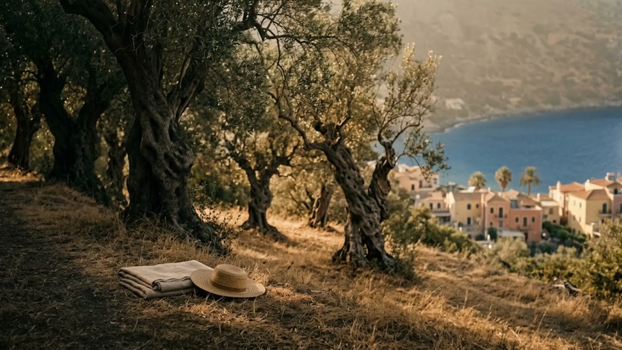 Banc sous un grand magnolia au bord d'un bassin, façades de tuffeau et toits d'ardoise au loin