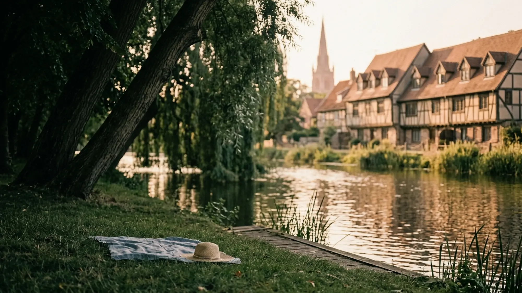 Pelouse au bord d'une rivière sous un saule, maisons à colombages et flèche de grès rose au loin