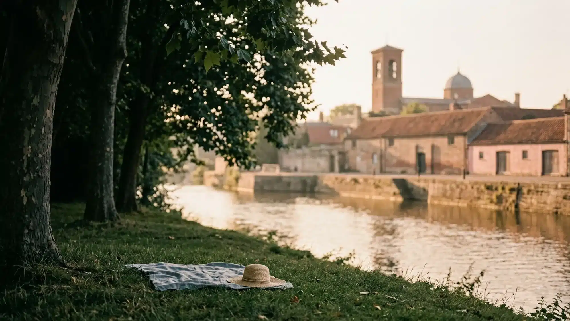 Pelouse ombragée au bord d'un fleuve, quais et façades de brique rose au loin